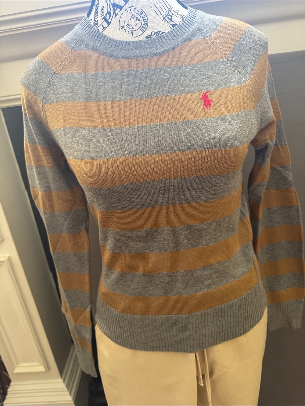 Ralph Lauren Gray and Camel Striped Crewneck Sweater with Pink Pony